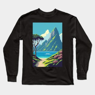 Hawaiian Landscape Pixel Art Island Mountains Long Sleeve T-Shirt